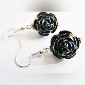 “Black Roses” Black flower earrings - lightweight - resin - carved look